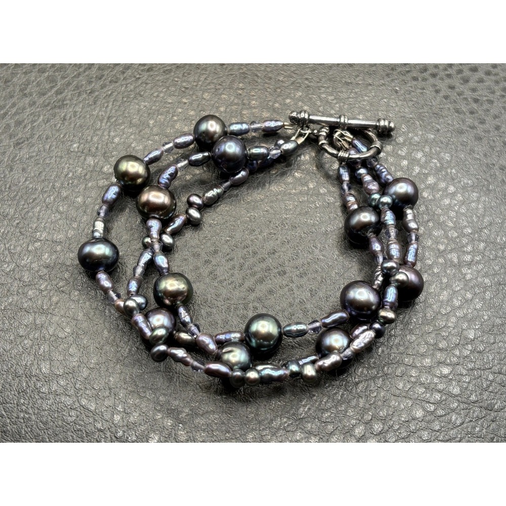 Sterling Silver Black Iridescent Oil Slick Pearl 3 StrandBracelet Toggle Clasp